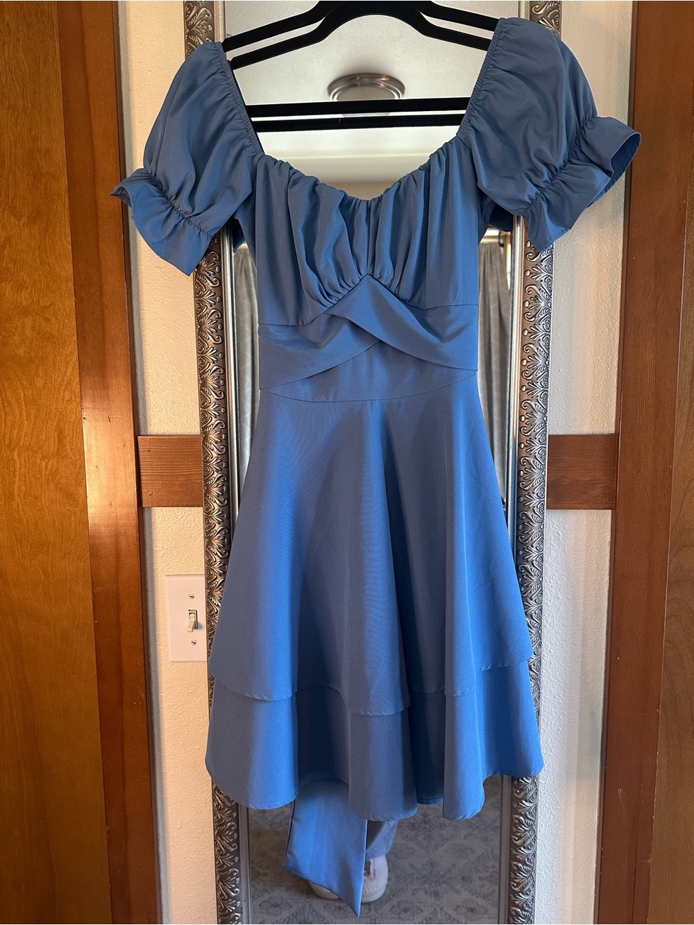 Romantic Dusty Blue Puff-Sleeve Midi Dress